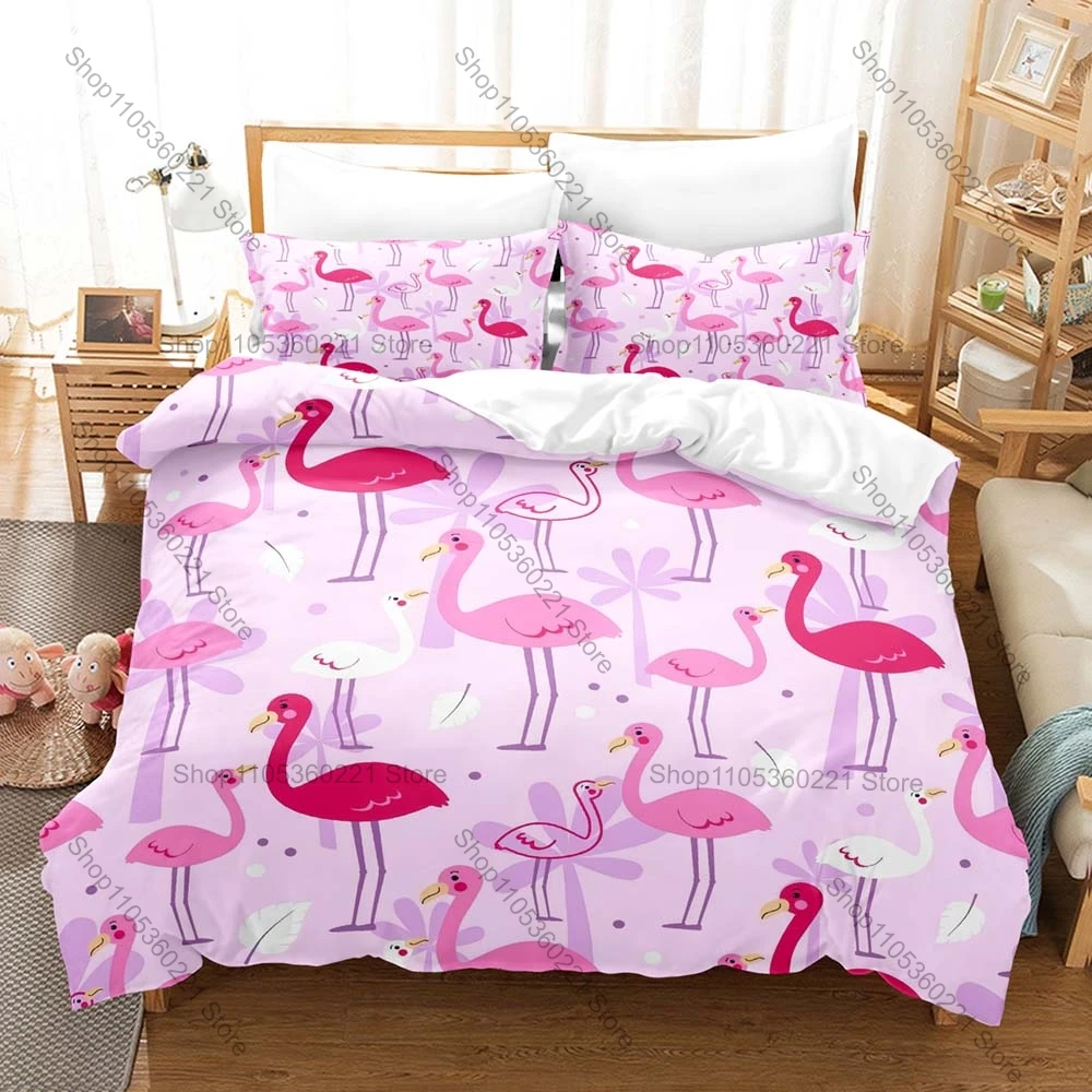 

Kawaii cartoon flamingo Three Piece Bedding Set Luxury Comforter Set with Queen King Size Including purple household goods Anime