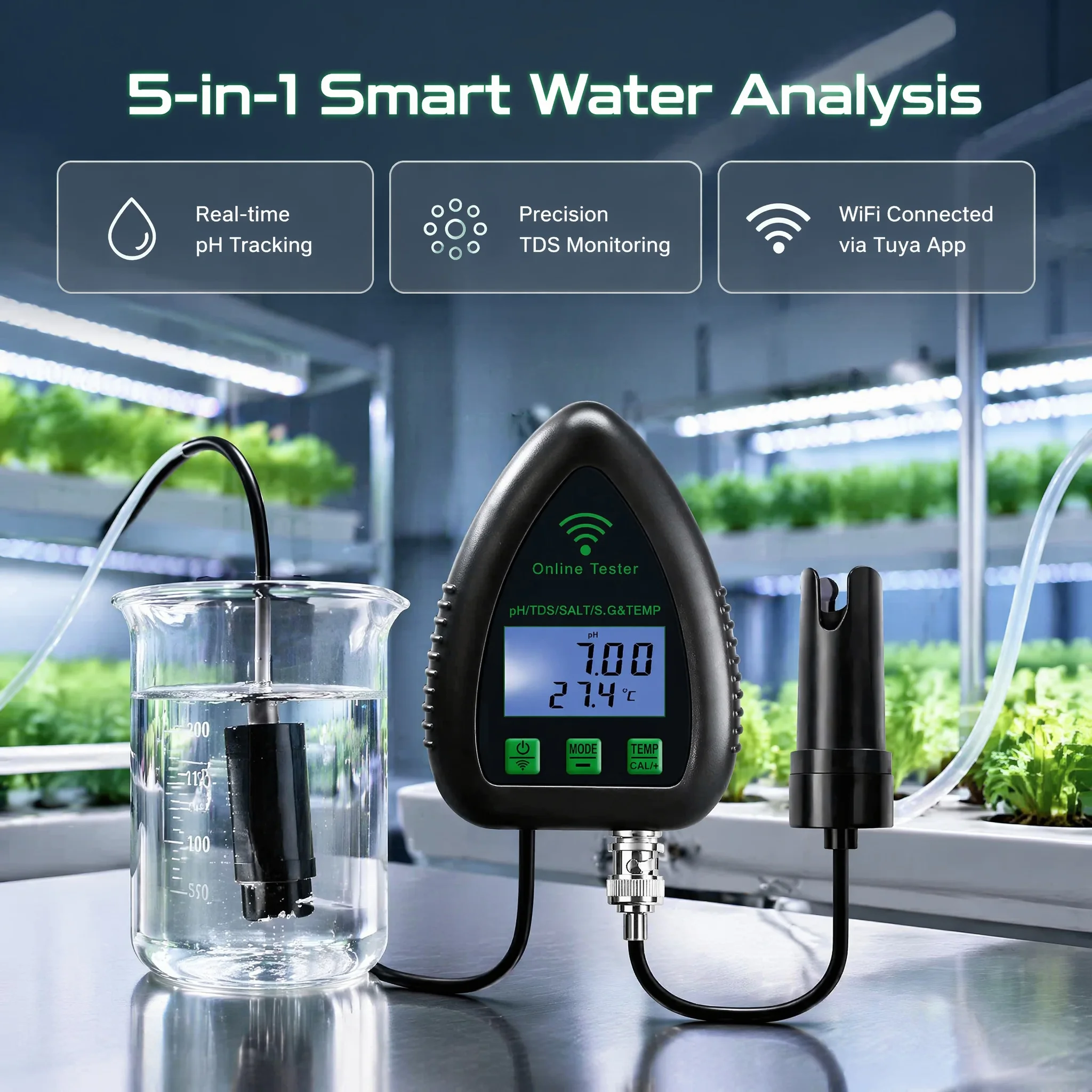 Smart 5-in-1 Digital Water Quality Meter pH TDS Salinity SG Temp Bluetooth App, Pool Reef Fish Tank Aquarium Hydroponics