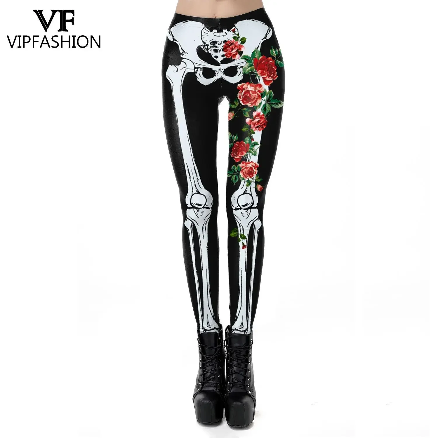 VIP FASHION Skull Leggings Woman Fancy Party Trousers Lady Punk Sexy Tights Carnival Purim Holiday Streetwear Mid Wasit Pants