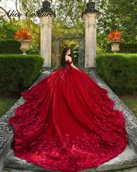Luxury Red Princess Ball Gown Quinceañera Dresses Beads Flowers Appliques Crystal Birthday Party For 15th Girls Customized