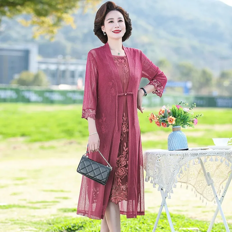 Retro Middle Age Mother Spring and Summer Embroidery Mesh Fabric Dress Two Piece Set New Fashion Women Fashion Chiffon Vestido