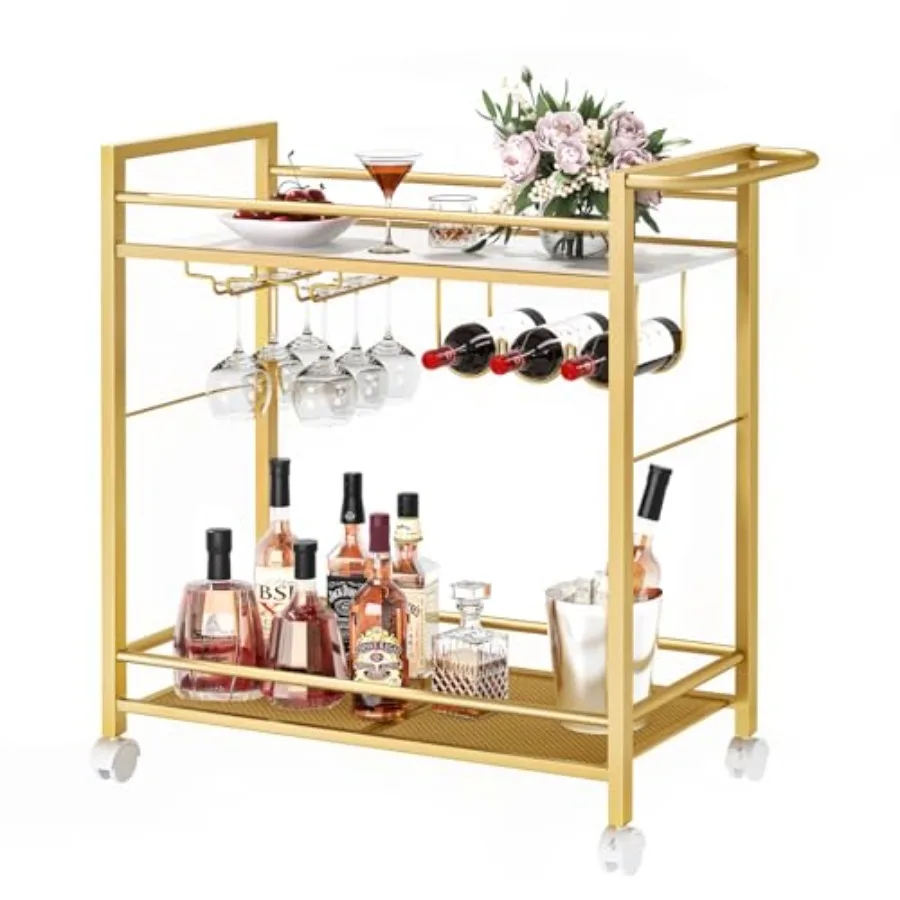 

Bar CartHome Bar Serving Cart with Storage Shelves 2 Tier Rolling Beverage Cart with Wheels Modern Wine Cart with Wine Rack and