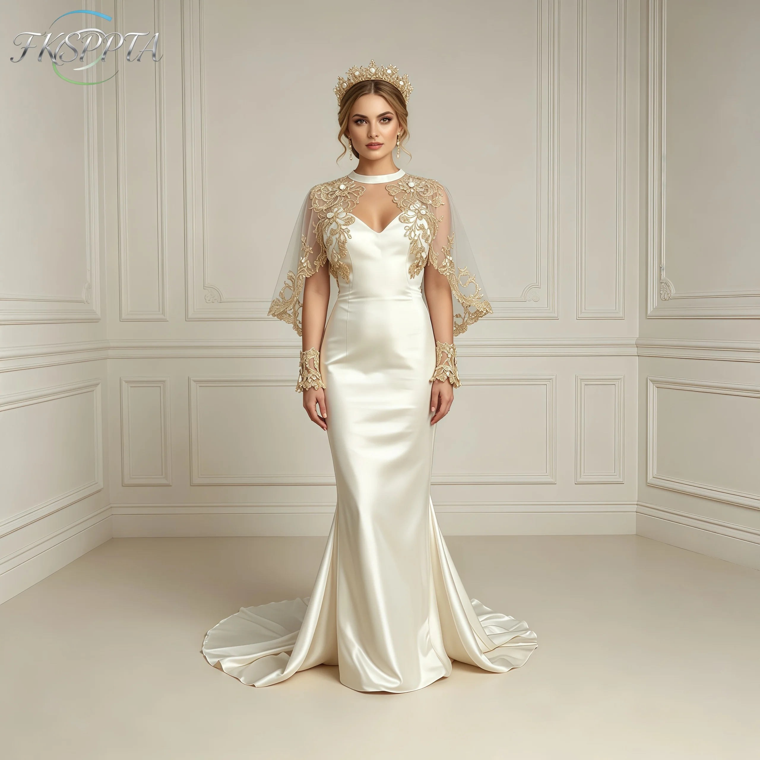 Long Mermaid Satin Wedding Dress Gold Lace Cape Sleeve Corset Back Elegant Bridal Gowns For Wedding Custom Made Vestido De Noiva
