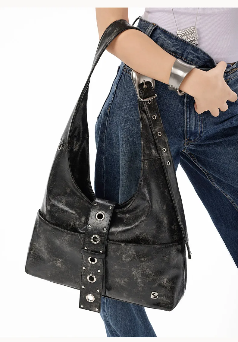American New Original Retro Metal Rivet Belt Buckle Decoration Personalized High-end Feeling Single Shoulder Bag For Women Trend