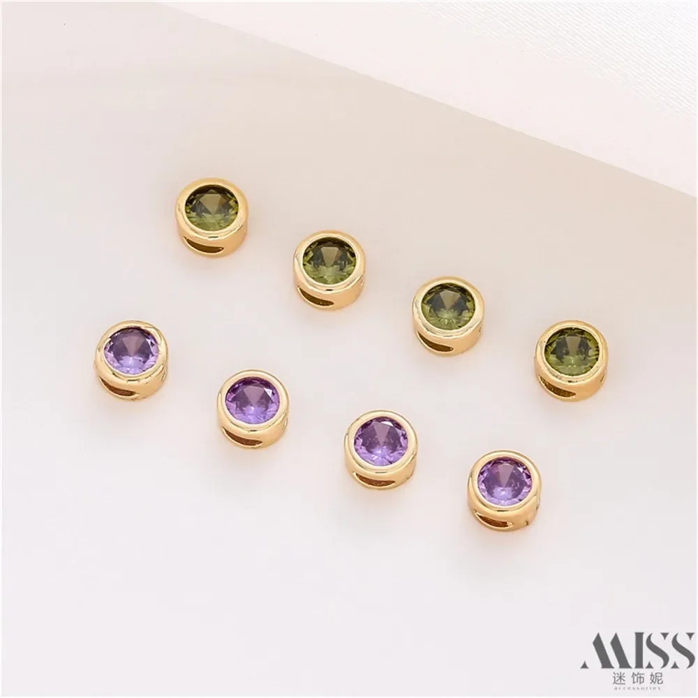 

14K Gold-wrapped Color Round Purple-green Zircon Through-hole Bead Diy Loose Bead Handmade Bracelet Necklace Jewelry Accessories