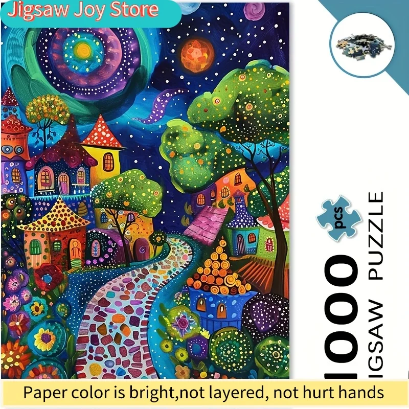 

[Large Jigsaw Puzzle] A Large Jigsaw Puzzle - Village Houses, Floral Pathway, Starry Night Sky | Waterproof & Scratch-Resistan