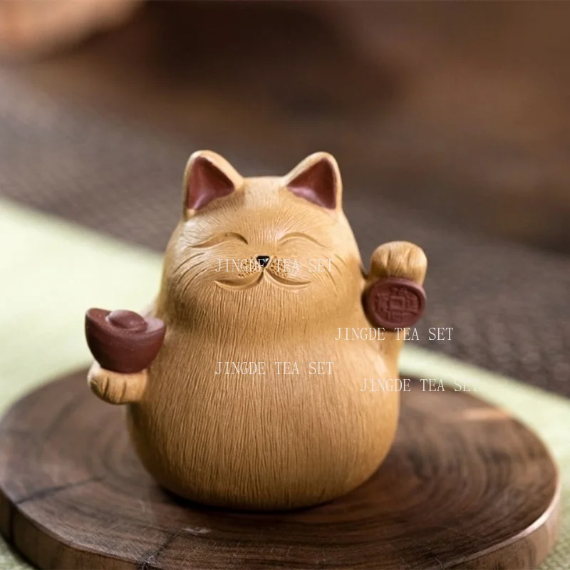 Purple Clay Lucky Cat Tea Pet Figurine Cute Fortune Cat Statue Desktop Ornament for Tea Table Tea Room Home Decor Craft Gift