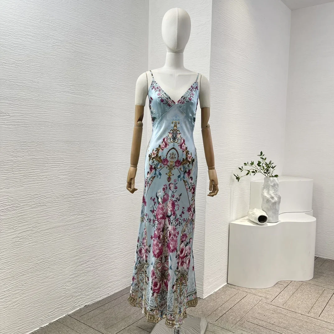 High Quality 2024 Women's Silk Floral Print Midi Dress with Position Print Sleeveless and Backless Design Clothing for Summer