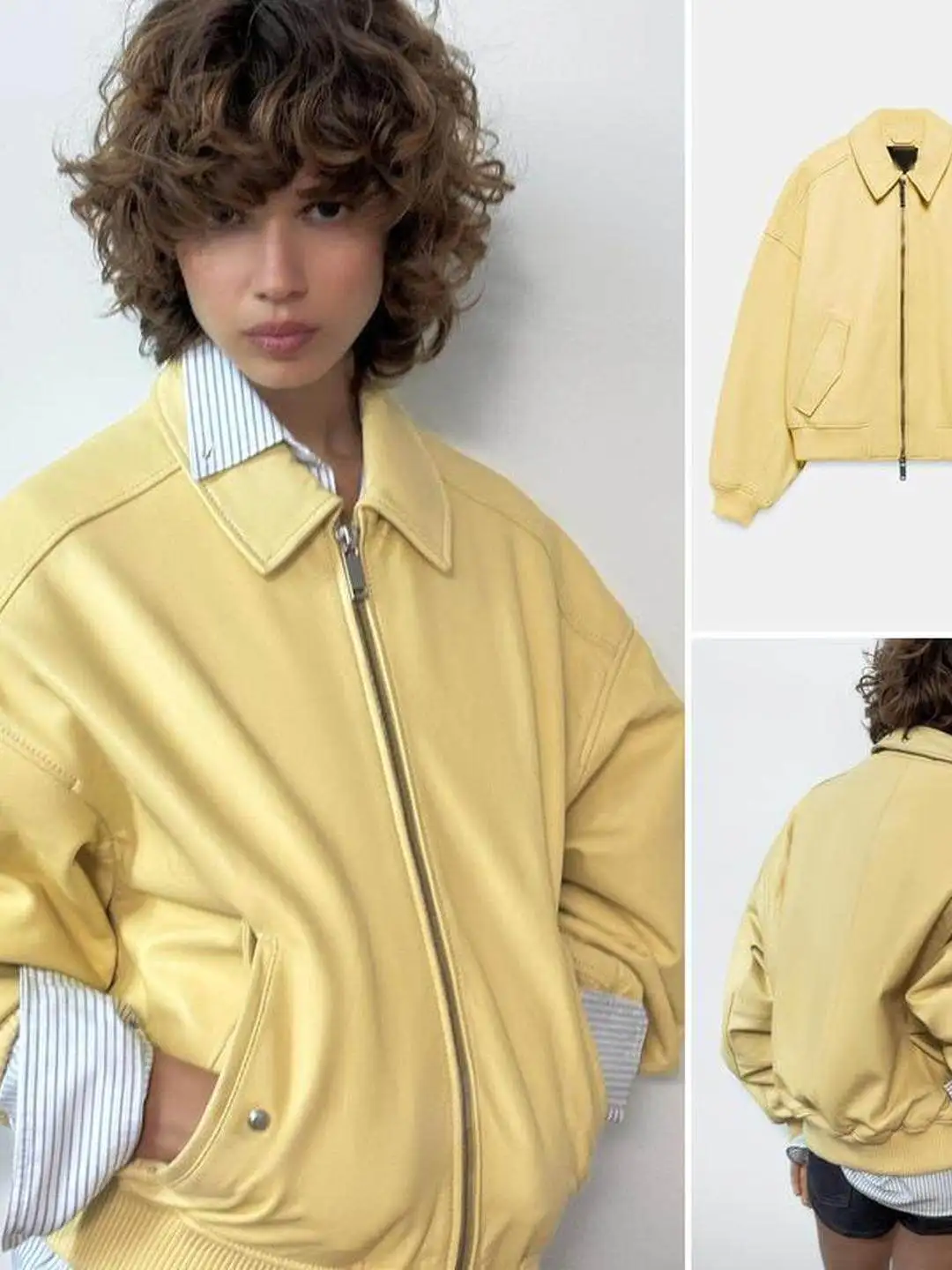 Spring Pilot Jacket Outerwear Zipper Buckle Ribbed Layer Flip Cover Slanted Pocket Women's Short Coat Polyester Fiber Long Sl...