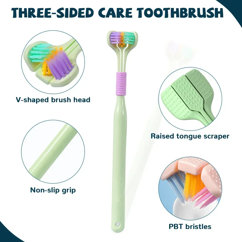 3-Sided Toothbrush cerdas macias para adultos, raspador de língua, limpeza profunda, Oral Care, escova de 360 graus, 1 Pc, 2 Pcs, 3 Pcs, 5Pcs