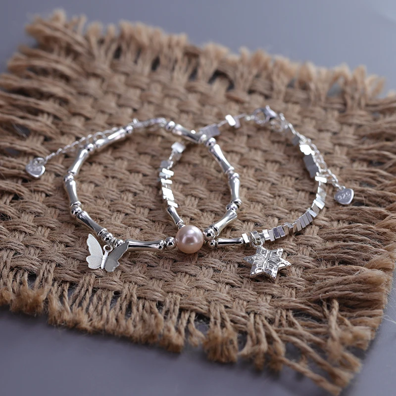 

100% 925 Sterling Silver Natural Pearl DIY Beads Snowflake Butterfly Bamboo Joint Elastic Bracelet For Women Birthday Gift