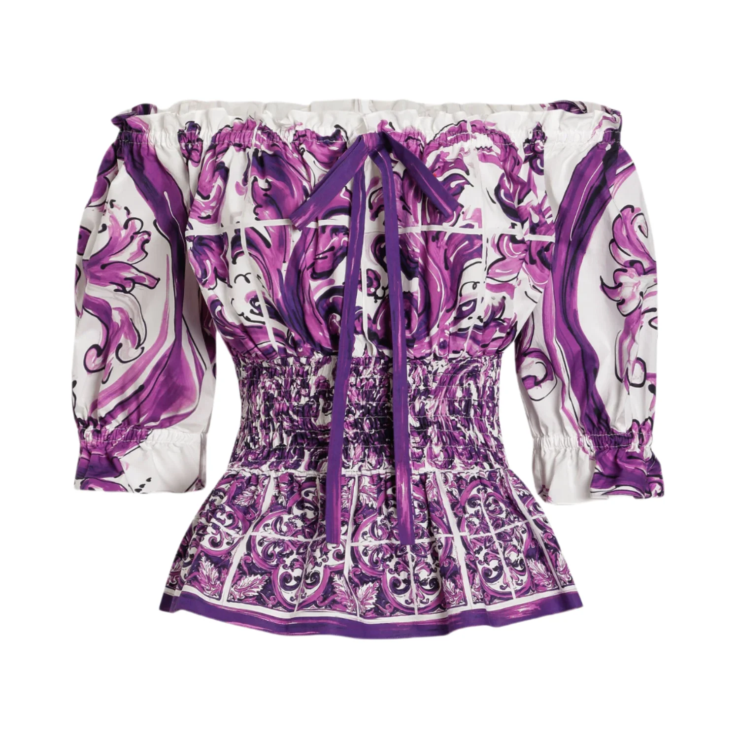 デザイナー ボヘミアン オフショルダー トップ レディース – 綿 100% パープル ポーセリン プリント ブラウス |   2025年夏のビーチホリデー衣装