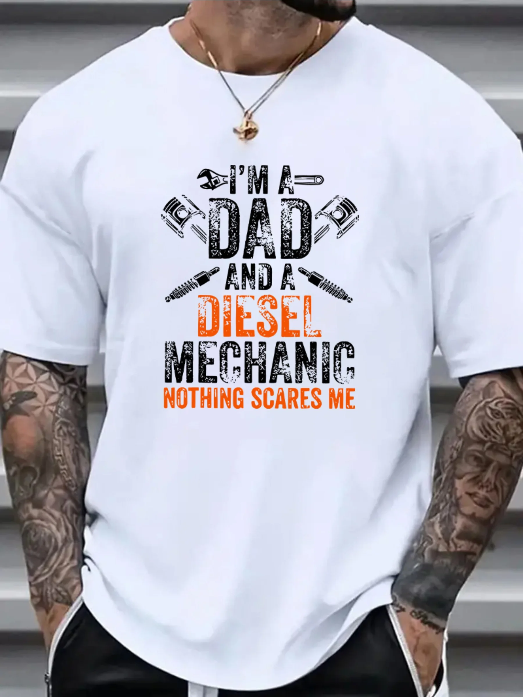 Diesel Mechanic Herren-T-Shirt aus reiner Baumwolle, Sommer, lässig, kurzärmelig, Grafik-T-Shirt, atmungsaktiv und bequem