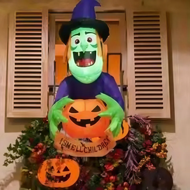 Thanksgiving and Halloween Climbing Window Witch Inflatable Mold, Witch Holding Pumpkin Inflatable Ornament -For Holiday Parties