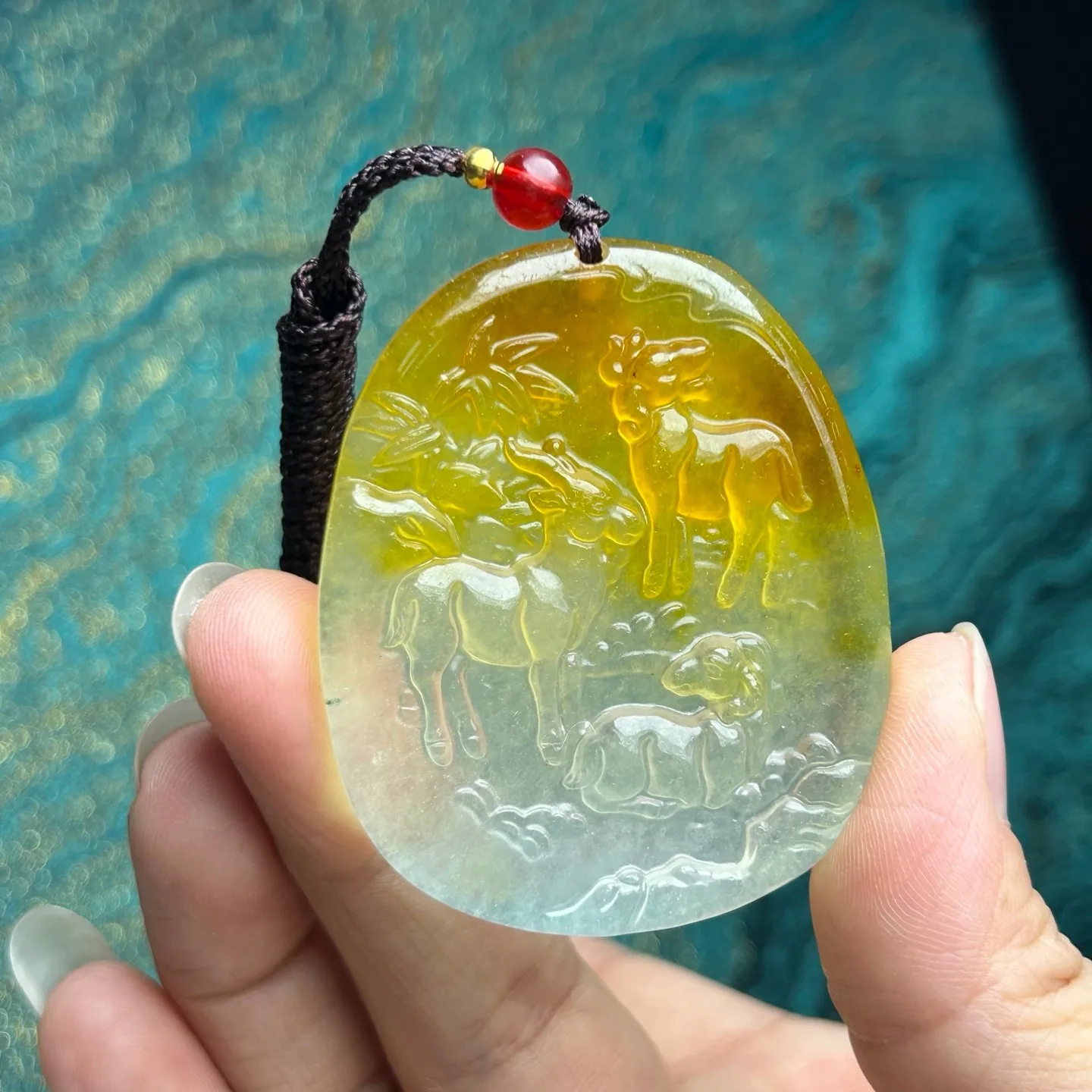 Real Natural ice Yellow jade Jadeite engrave Sheep amulet Pendant&Necklaces