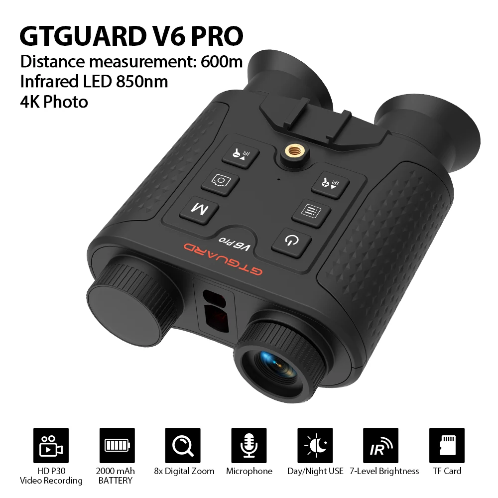 Lunettes de vision nocturne binoculaires GTGUARD V6 PRO pour l'exploration en extérieur, zoom numérique 8X, fonction de mesure de distance 600m