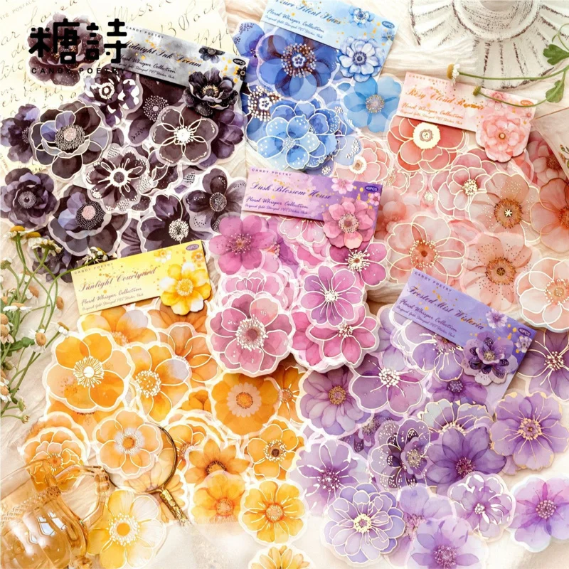 40 Sheets Vintage Gorgeous Flower Gold Foil PET Stickers, Transparent film with gold-trimmed flowers - view 3