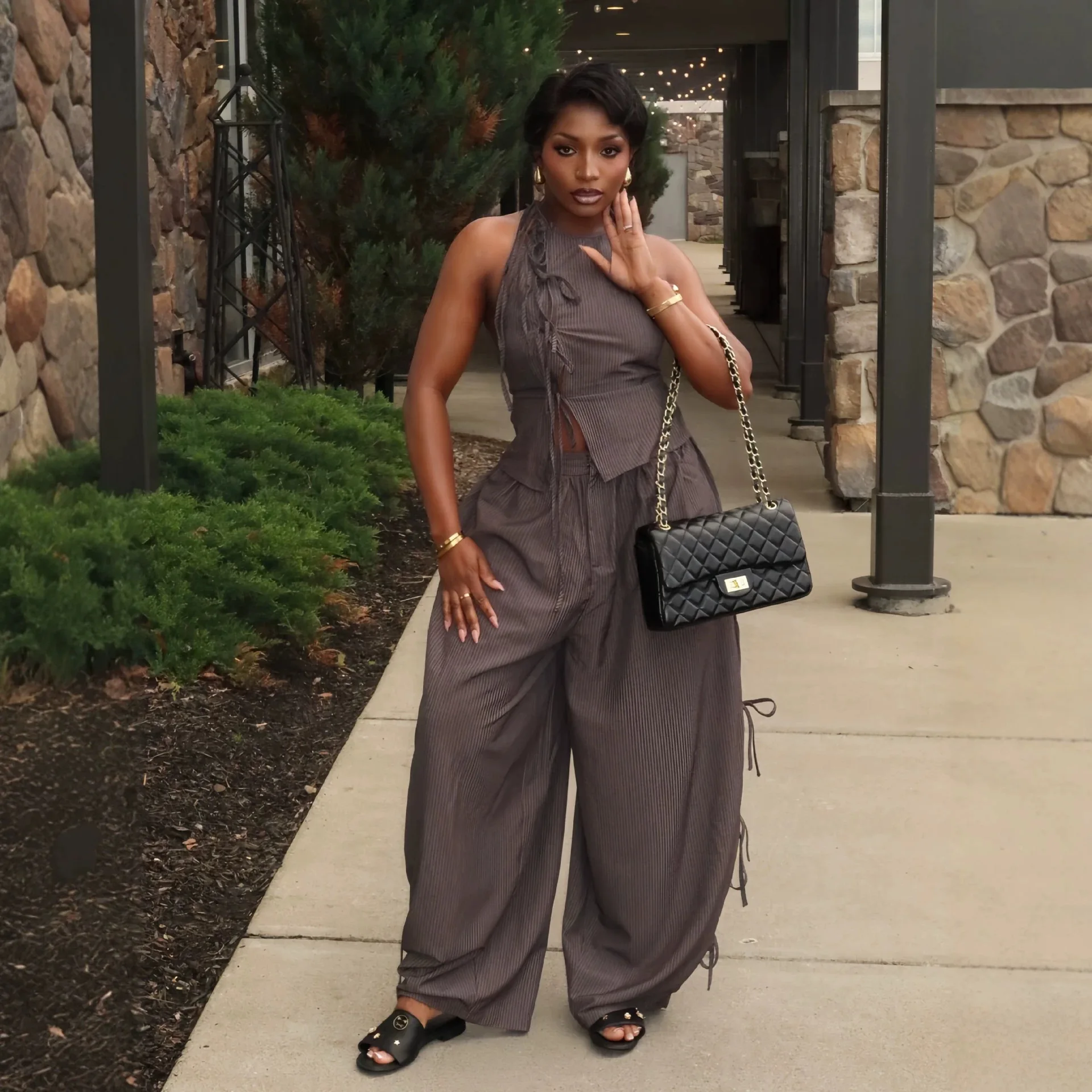 Sexy Striped Vest And Wide Leg Pants Set High Waist No Sleeve Date Night Outfit Casual Wear All over Stripe Pattern