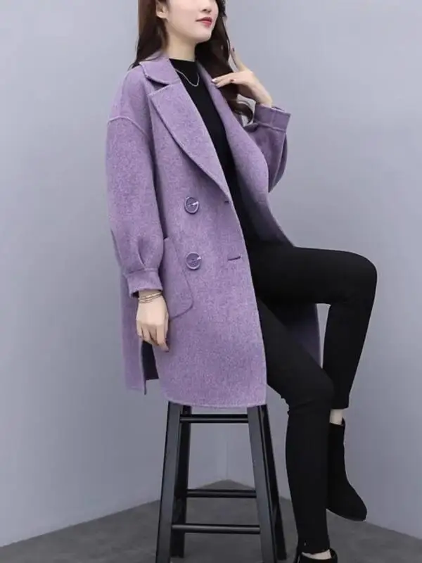 Women's Purple Woolen Coat 2026 Autumn Spring New Korean Version Medium Length Lantern Woolen Coat Fem Outerwear