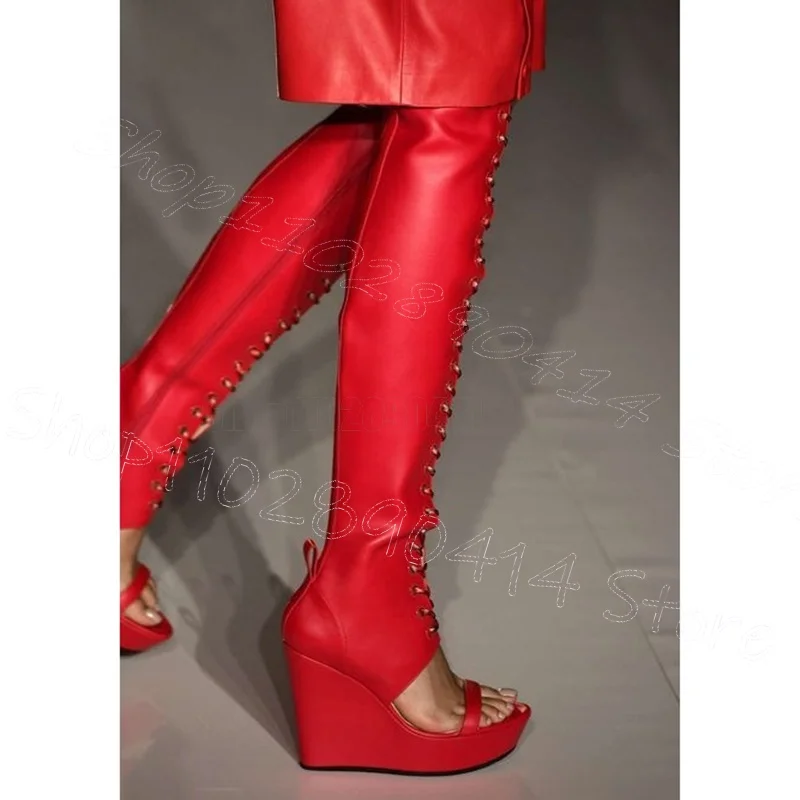 

Red Wedges Heel Cross Tied Sandals Boots Side Zipper Women Shoes Open Toe Fashion Party Banquet Runway 2025 Zapatos Para Mujere