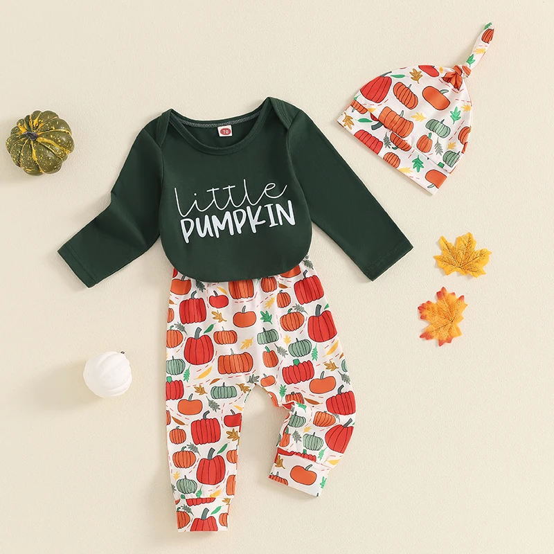 Baby Jungen Outfit Langarm Buchstaben drucken Stram pler Kürbis Print Hosen Hut Halloween Kleidung