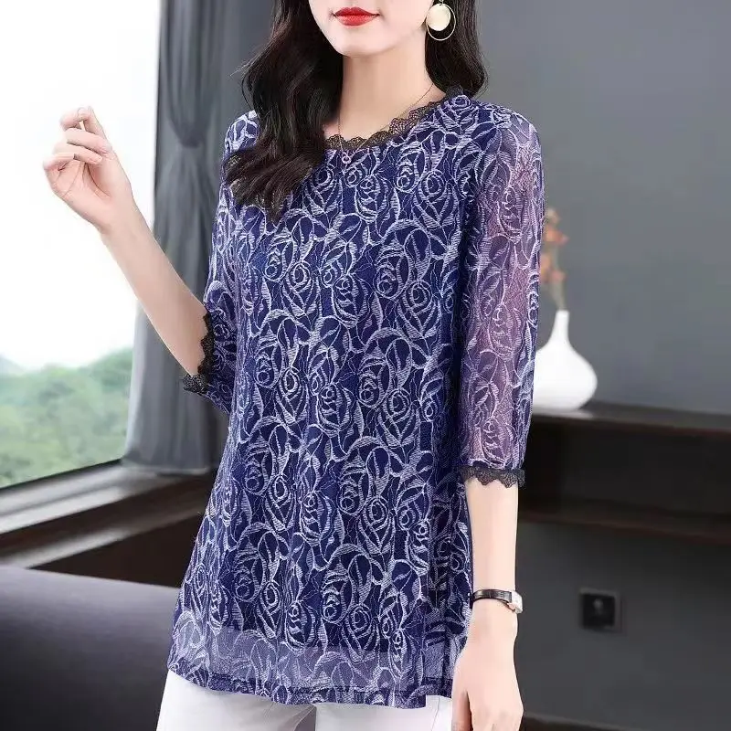 Vintage Elegant Fashion Floral Print Lace Patchwork Tunic Tops Blouses for Women Sexy Sheer Mesh O Neck Loose 3/4 Sleeve Shirts