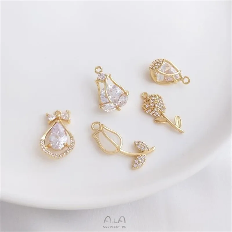 Micro-inlaid Zircon 14K Gold Color-preserving Tulip Rose Pendant, Bud Pendant, DIY Hand Necklace, Earrings Pendant.