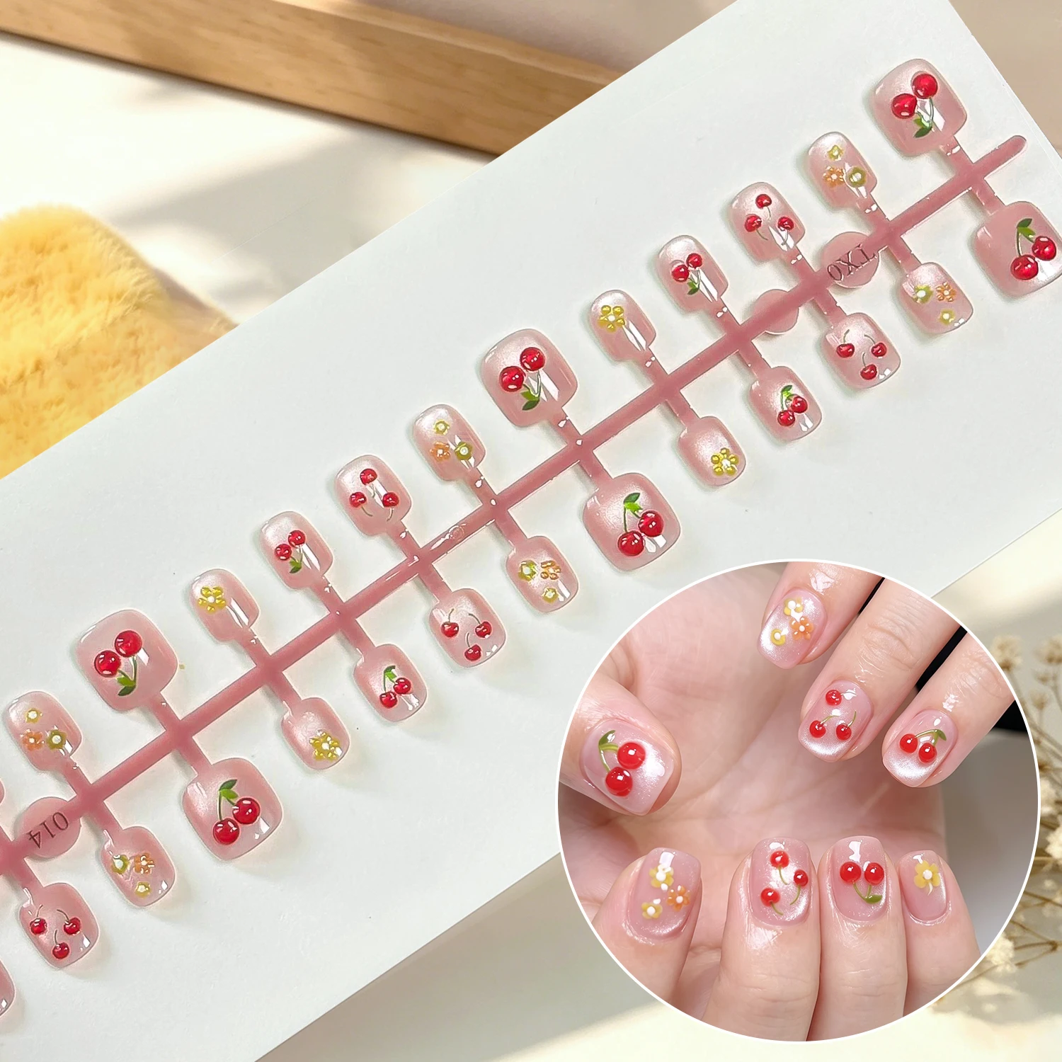 30 Stück niedliche kurze, runde Cat-Eye-Press-On-Nägel für Kinder, Kawaii-Kirsche, Zitrone, Erdbeere, künstliche Nägel, vollständige Abdeckung, künstliche Nägel für Kinder, D3^ – Detail 4