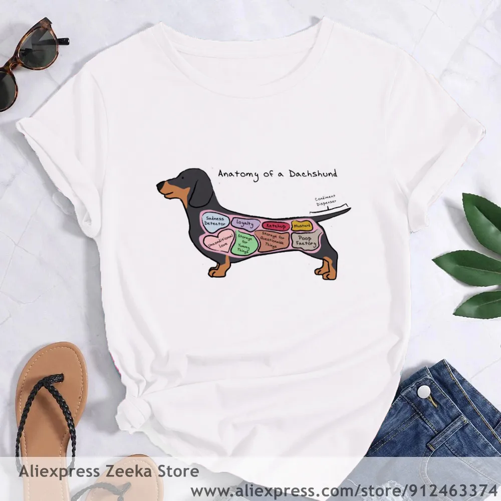 Anatomi Hidup Lebih Baik dengan Dachshund Women Funny Print Ladies T-shirt Girl Y2K Harajuku Basis O-collar White Shirt Short