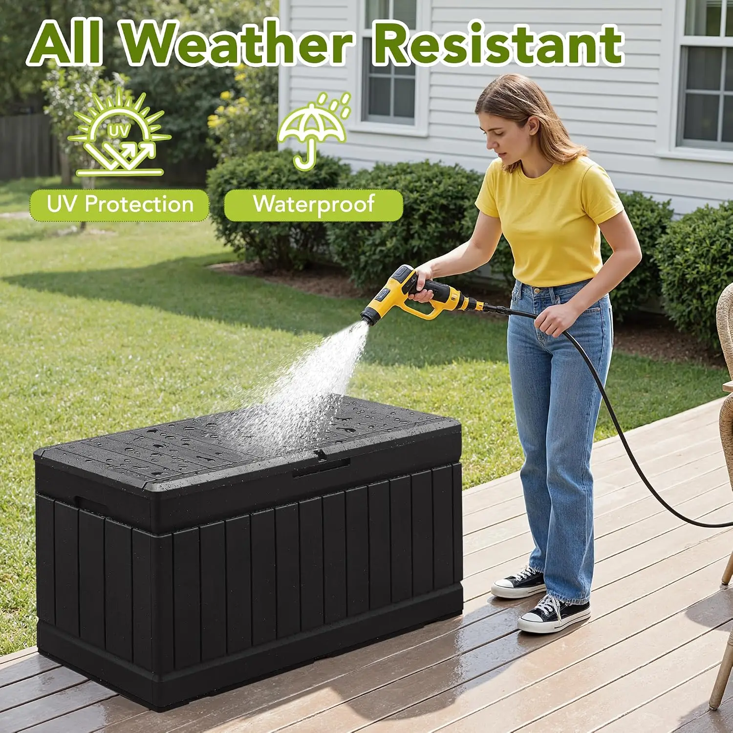 Waterproof Resin Outdoor Storage Deck Box, Lockable Patio Toy Storage Bench, Weatherproof Garden Yard Pool Accessories Cushion Organizer, Rattan Pattern Container, Black, 78 Gallon view 3