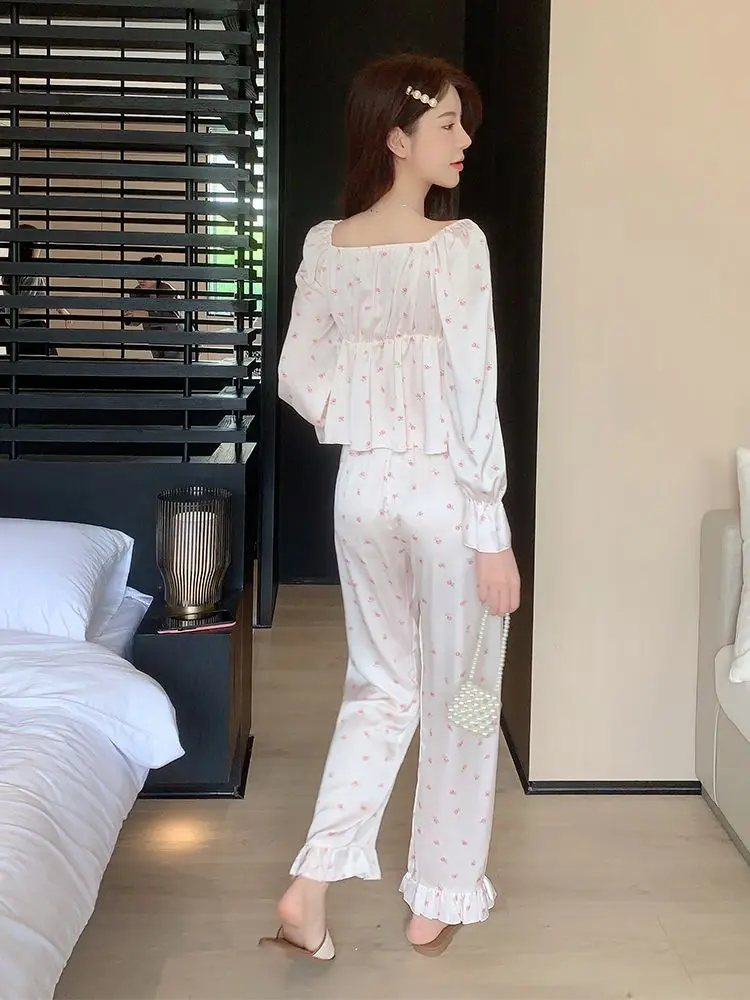 Pijamas de mujer primavera Ins moda Sexy sujetador de encaje con almohadilla ropa de dormir femenina suave dulce ropa de dormir pantalón de manga