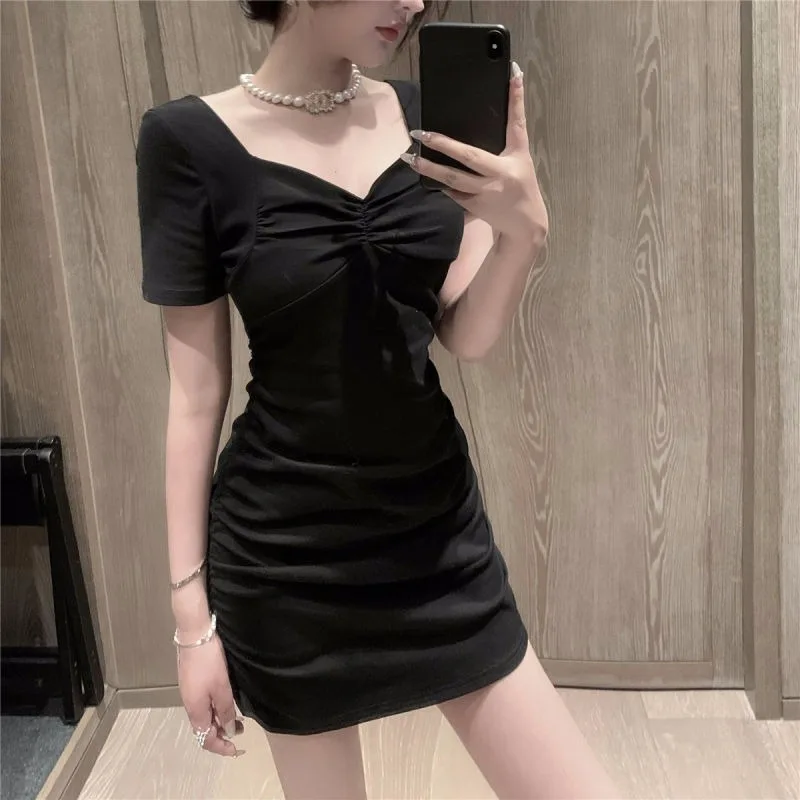 우아한 타이트 핏 미니 드레스 스퀘어 칼라 여름 새 스타일 하이 웨이스트 슬리밍 핫 소녀 스커트 한국 스타일 통근 퓨어 컬러