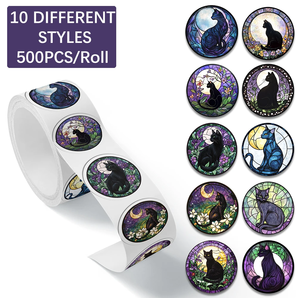 500PCS Cute Gothic Black Cat Art Aesthetics Stained Glass Animal Roll Stickers for Journaling Laptop Scrapbook Reward Decals