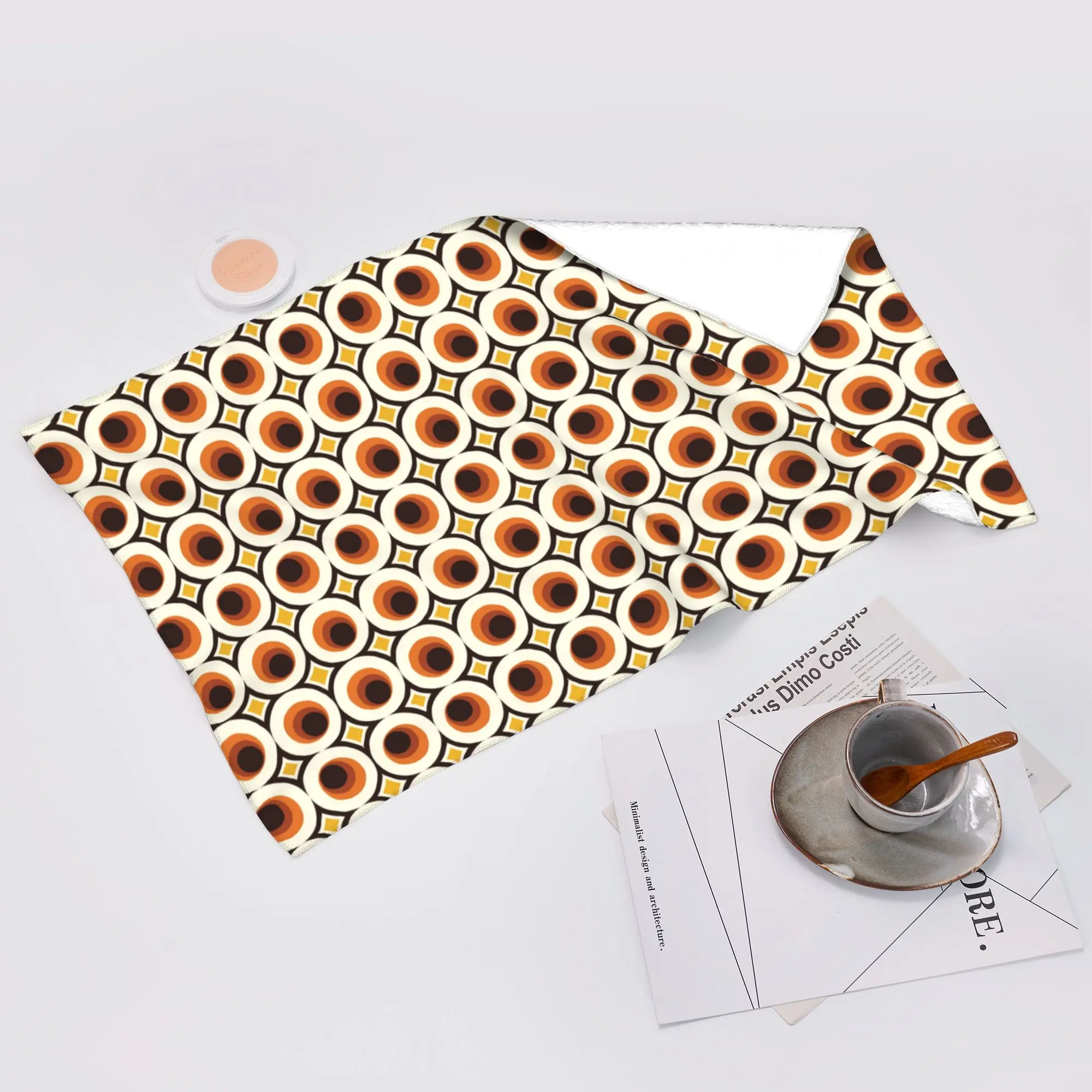 Custom 1970s Orange Mid-Century Modern Circle 1 Soft Face Towel Quick Dry Pool Bath Cotton Towels Absorbent