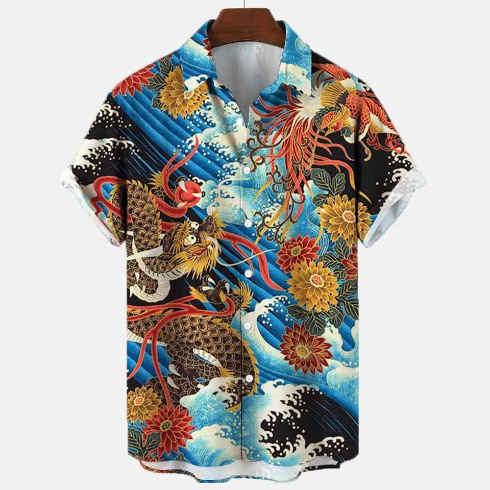 Plus Size 6XL 5XL Summer Fashion Anime Dragon Shirt 3d Hawaiian Shirts Men's Shirt Casual Short Sleeve Loose Breathable Top