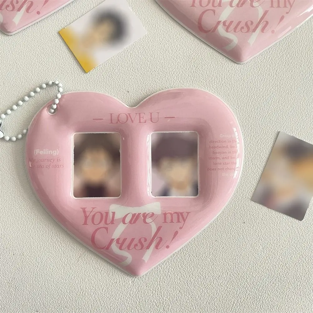 

Portable Pink Card Case Heart-shaped Double-Grid Photos Protective Cover Bag Pendant Keychain Photo Card Holder