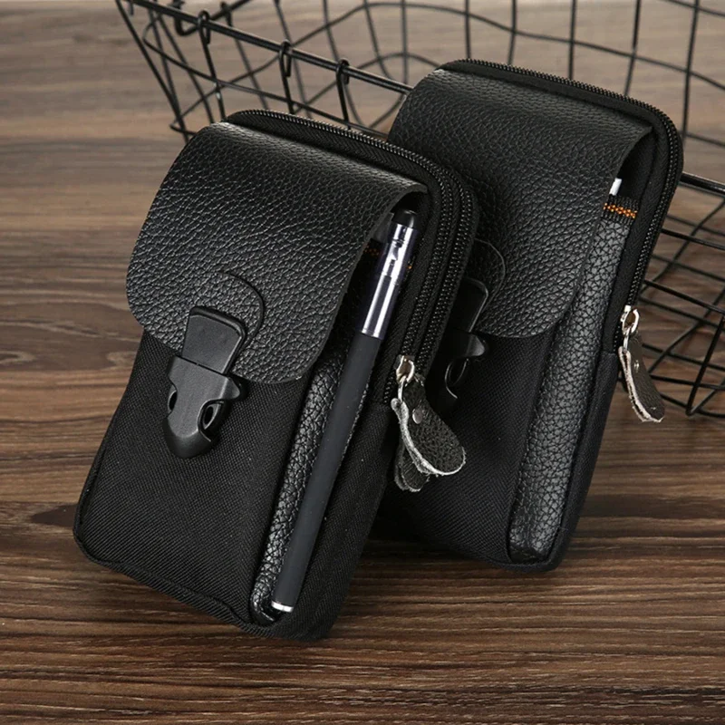 Black Men\'s Mobile Phone Bag Pu Leather Double Zipper Waist Coin Purse Outdoor Male