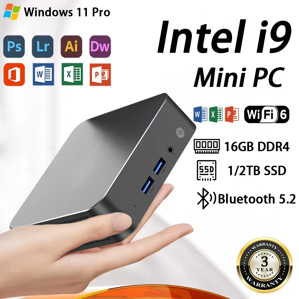 Windows 11 Pro Intel Core i9 8950HK Mini PC 16GB DDR4 1TB M.2 SSD WIFI 6 BT5.2 4K HD Desktop Mini Gaming Pc【3 year warranty】
