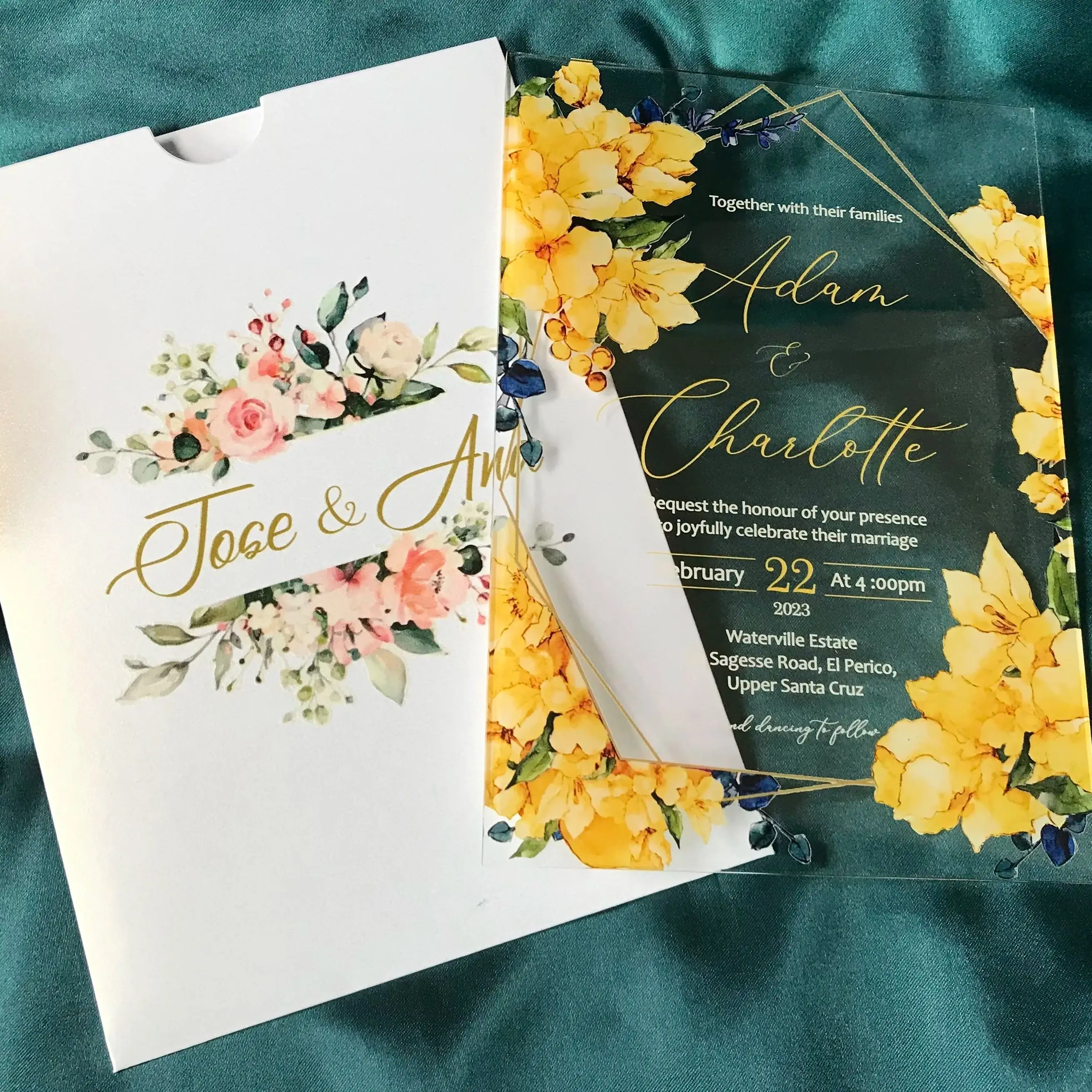 Yellow Floral Transparent Acrylic Wedding Invitation,Personalized Invitation,Custom Flexible PVC Cards,10Pcs