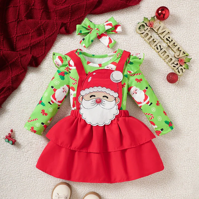 3pcs Christmas Baby girl Outfit Cute Cartoon All over Print Bodysuit Applique Solid Suspender Dress Sets with Headband