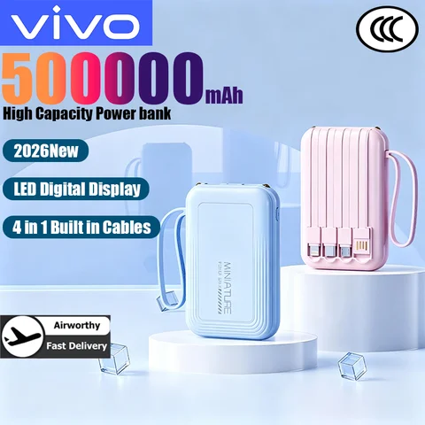 VIVO 미니 500000mAh 보조배터리 초고속 충전 4 in 1 내장 케이블 LED 디지털 디스플레이 아이폰 삼성용 보조배터리
