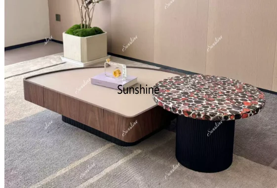 Italian light luxury tempered glass wood veneer bionic marble coffee table