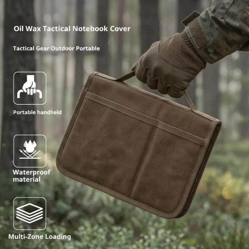 Tactical A5 Notebook Cover, EDC Organizer Zippered Waxed Canvas with Pen Holder for Hunting