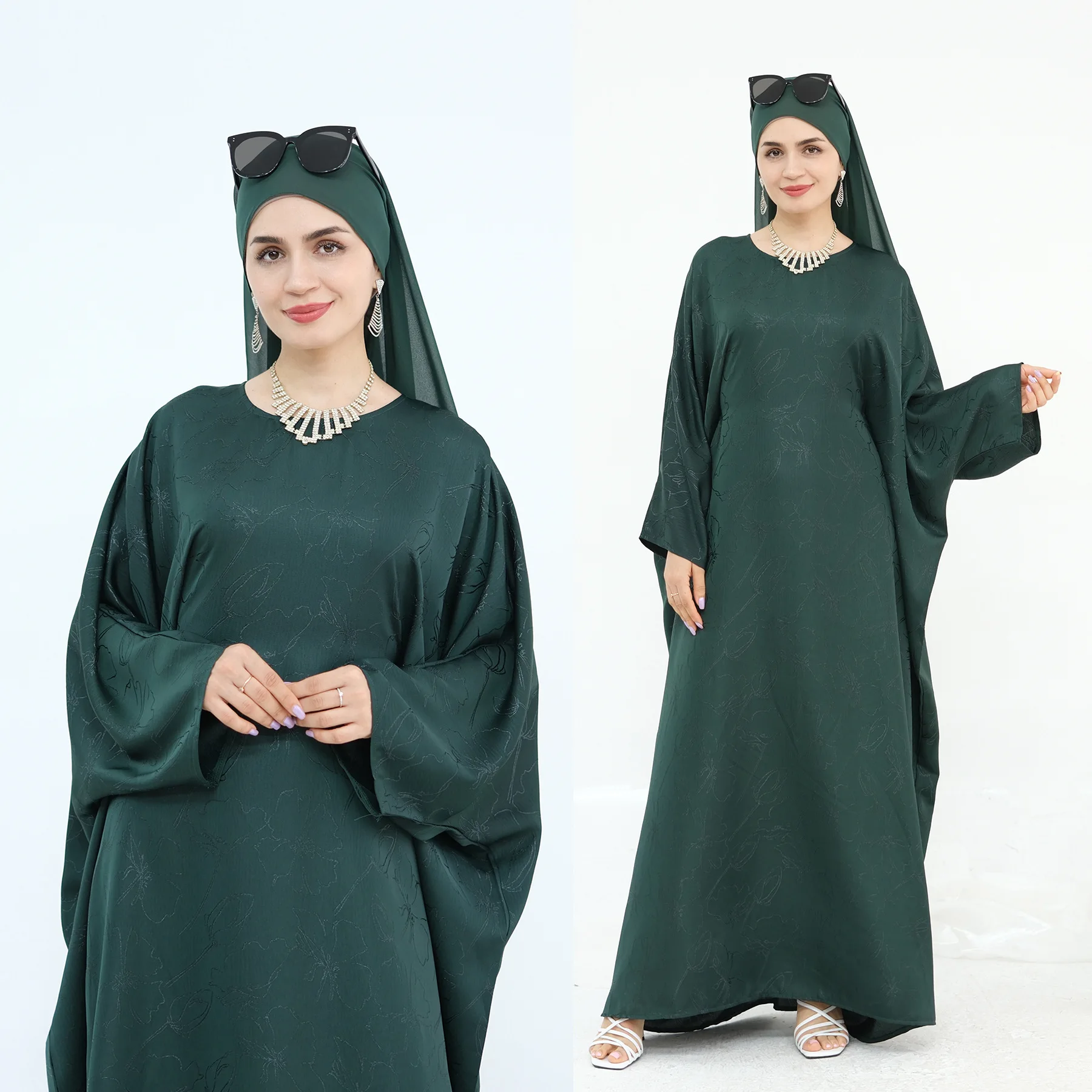 طقم أزياء إسلامية 2 قطعة طقم حجاب عباية من الساتان بأكمام على شكل فراشة فساتين طويلة ملابس يومية دبي عباية قفطان فستان متواضع بدلة وشاح