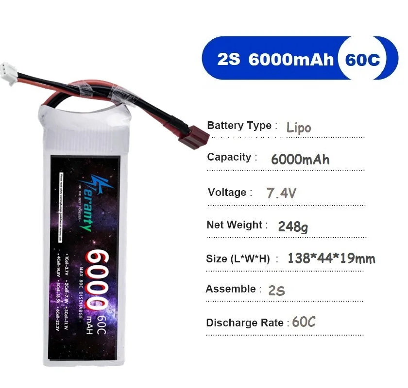 Battery for RC FPV Racing Drone Lipo 2S 7.4V 6000mAh 60C Lipo Battery For UAV RC Helicopter FPV Car Boat Airplane Parts MAX 80C