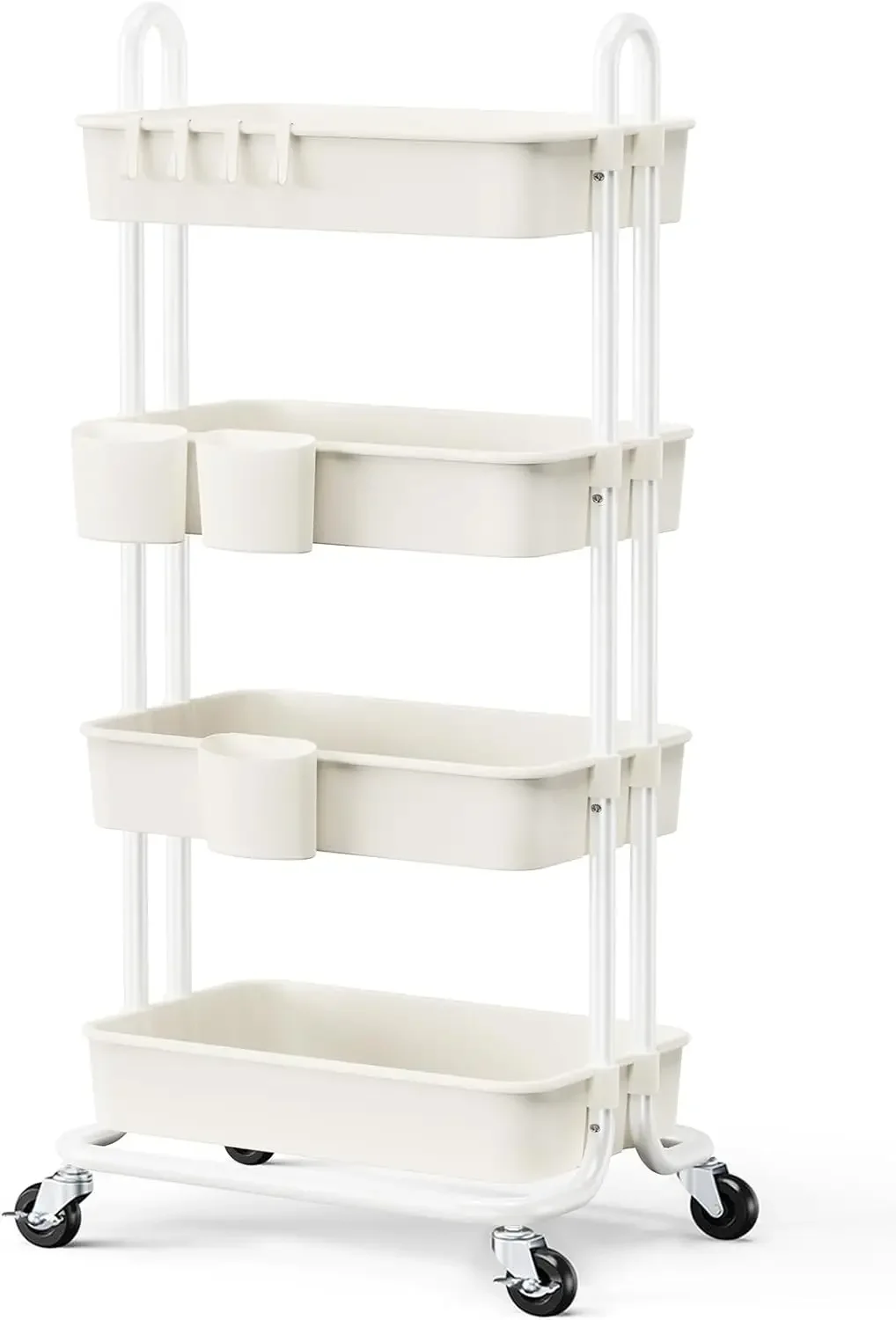 

4-Tier Rolling Cart, Utility Cart w/ Lockable Casters, PP Plastic Storage Baskets, Hanging Cups & Hooks, Rolling Cart