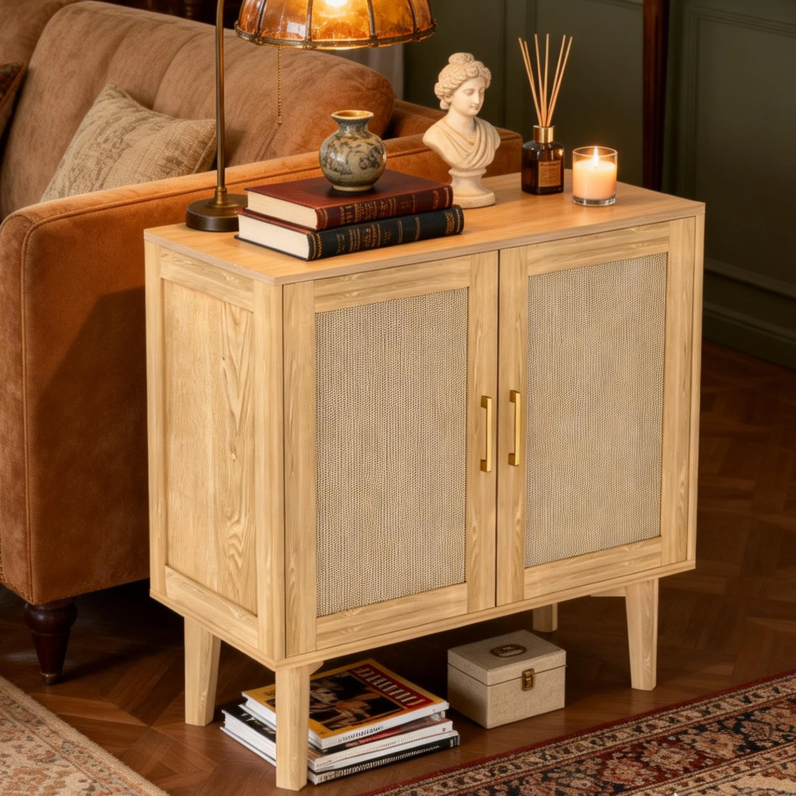 

Buffet Cabinet Buffet Cabinet with Rattan Decor Doors Wood Feet Multifunctional Sideboard Cabinet for Dining Room Kitchen