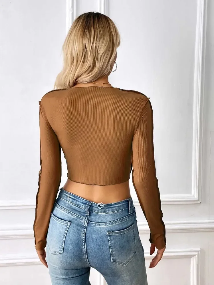 2024 New Slim Fit Short Naked Car Sewn Long Sleeved T-shirt Short Fit Blue Sexy Top Nightclub Club Cut Top Y2k Clothes YSQ19