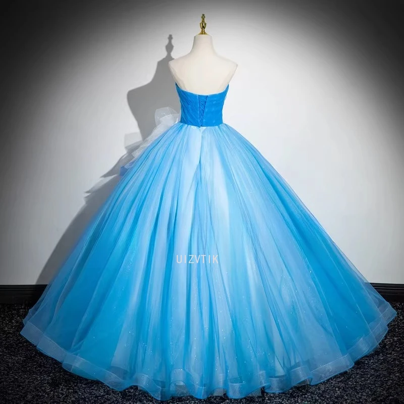 Vestido de fiesta con apliques de lujo azul, vestido de baile para mujer, escote en forma de corazón con cordones en la espalda, largo hasta el suelo brillante, vestidos de noche de fiesta personalizados