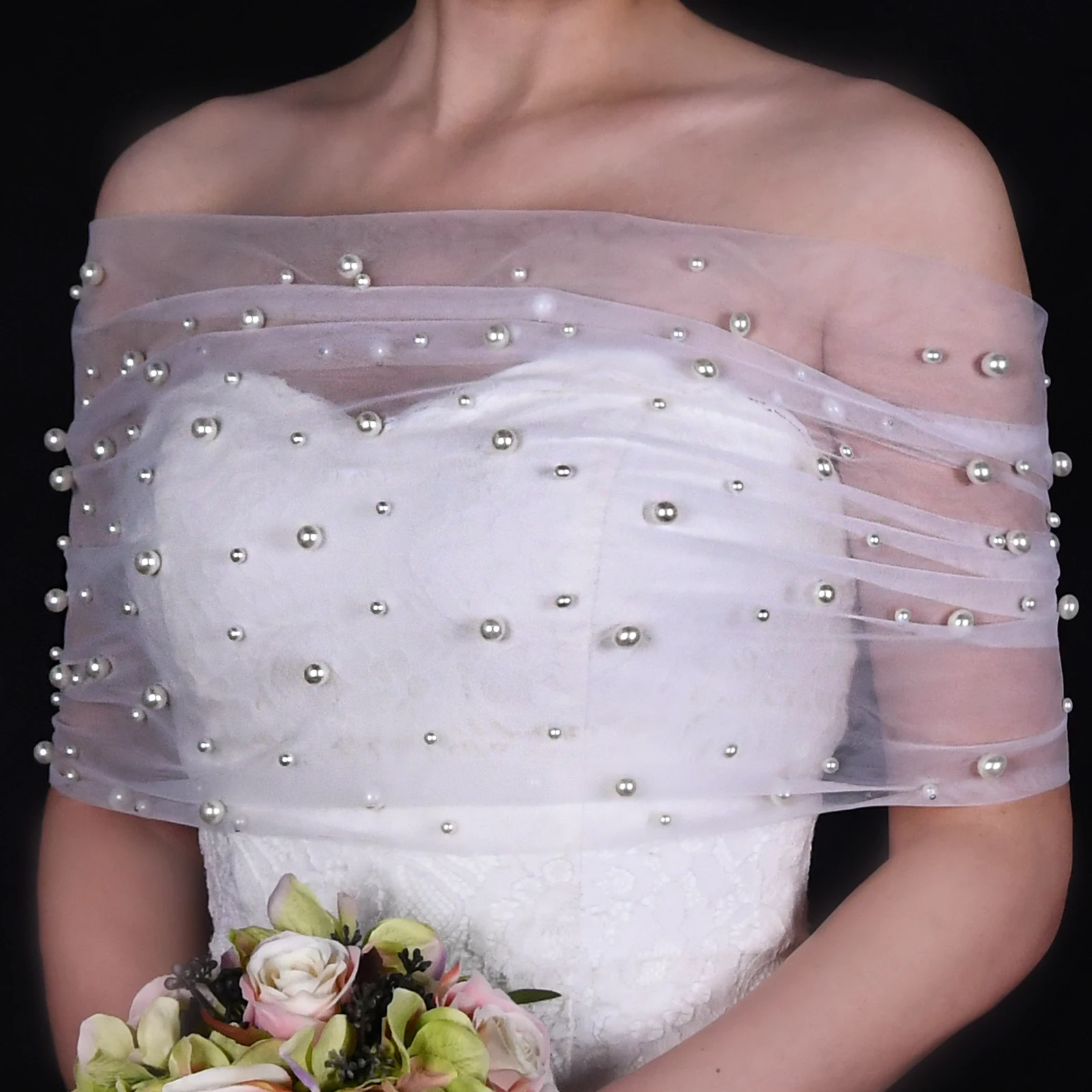 VGCafe-Cape de mariage en perles rondes, accessoires de mariage, en tulle, courte